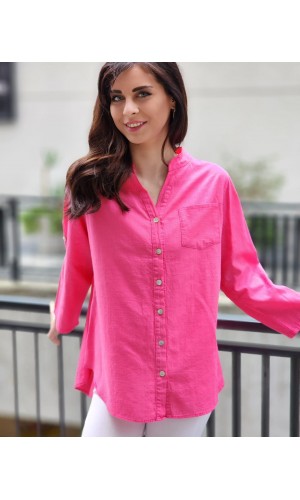Tam düğme keten gömlek fuşya pembe