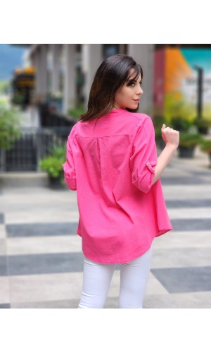 Tam düğme keten gömlek fuşya pembe