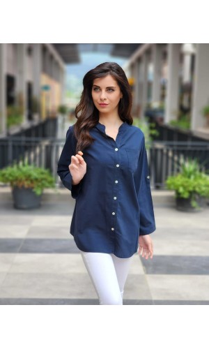 Tam düğme KETEN GÖMLEK LACİVERT