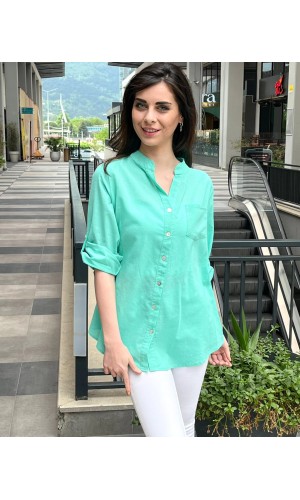 Tam düğme KETEN GÖMLEK SU YEŞİLİ
