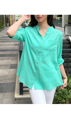 Tam düğme KETEN GÖMLEK SU YEŞİLİ