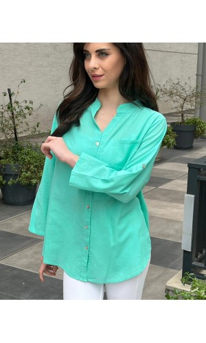 Tam düğme KETEN GÖMLEK SU YEŞİLİ