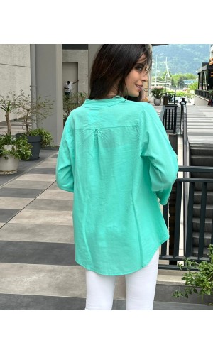 Tam düğme KETEN GÖMLEK SU YEŞİLİ