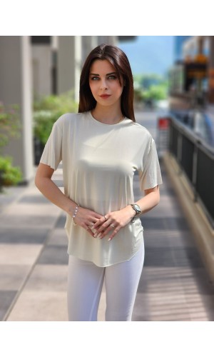 tişört yuvarlak yaka krem rengi