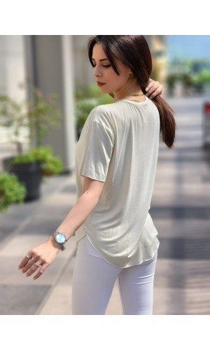 tişört yuvarlak yaka krem rengi