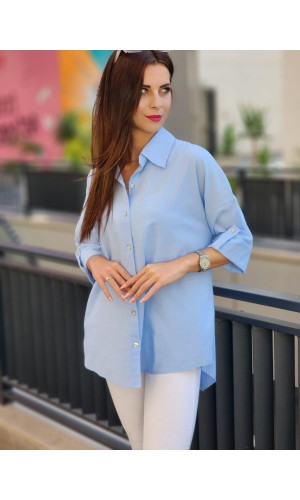 ARKASI DÜĞMELİ KETEN GÖMLEK AÇIK MAVİ