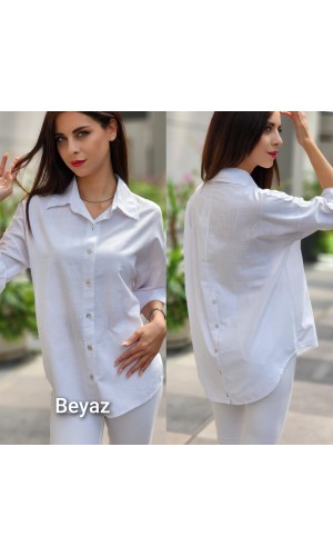 ARKASI DÜĞMELİ KETEN GÖMLEK BEYAZ
