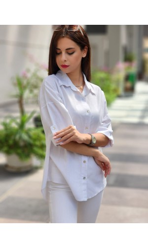 ARKASI DÜĞMELİ KETEN GÖMLEK BEYAZ