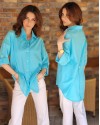 ARKASI DÜĞMELİ KETEN GÖMLEK TURKUAZ MAVİ