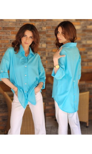 ARKASI DÜĞMELİ KETEN GÖMLEK TURKUAZ MAVİ