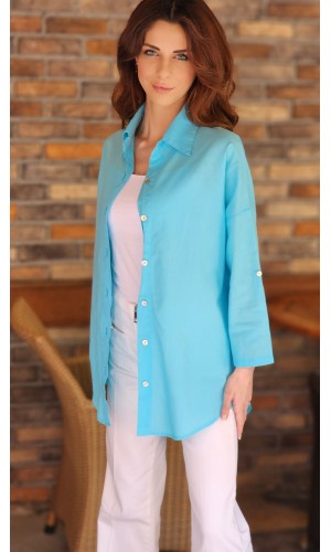 ARKASI DÜĞMELİ KETEN GÖMLEK TURKUAZ MAVİ