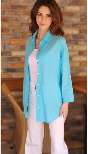 ARKASI DÜĞMELİ KETEN GÖMLEK TURKUAZ MAVİ