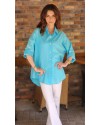 ARKASI DÜĞMELİ KETEN GÖMLEK TURKUAZ MAVİ