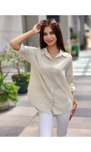 ARKASI DÜĞMELİ KETEN GÖMLEK TAŞ RENGİ