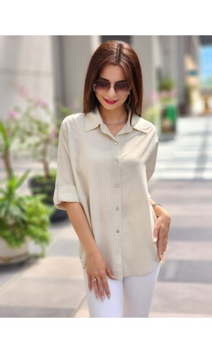 ARKASI DÜĞMELİ KETEN GÖMLEK TAŞ RENGİ