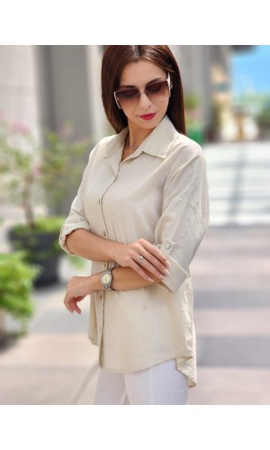 ARKASI DÜĞMELİ KETEN GÖMLEK TAŞ RENGİ