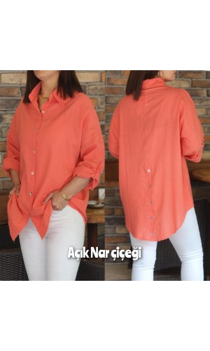 ARKASI DÜĞMELİ KETEN GÖMLEK açık nar çiçeği 