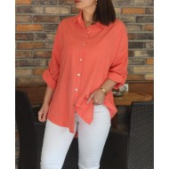 ARKASI DÜĞMELİ KETEN GÖMLEK açık nar çiçeği 