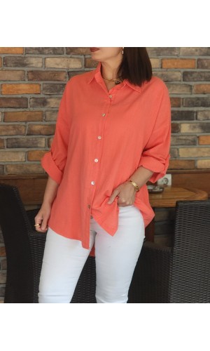 ARKASI DÜĞMELİ KETEN GÖMLEK açık nar çiçeği 