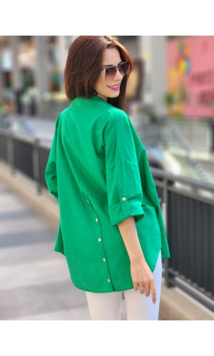 ARKASI DÜĞMELİ KETEN GÖMLEK BENETTON YEŞİLİ 