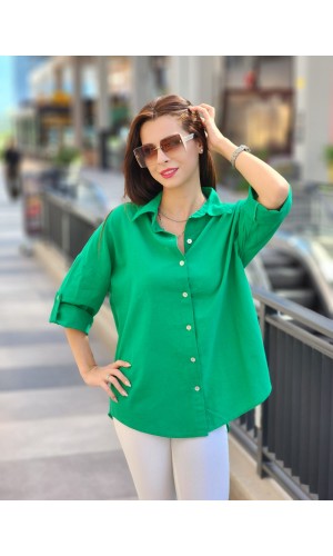 ARKASI DÜĞMELİ KETEN GÖMLEK BENETTON YEŞİLİ 