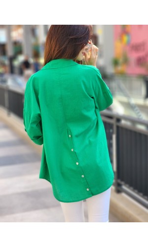 ARKASI DÜĞMELİ KETEN GÖMLEK BENETTON YEŞİLİ 