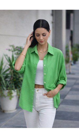 ARKASI DÜĞMELİ KETEN GÖMLEK MİNT YEŞİLİ