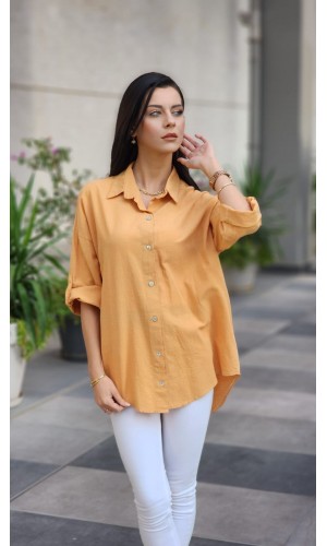 Arkası düğmeli keten gömlek taba rengi