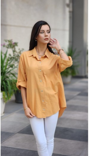 Arkası düğmeli keten gömlek taba rengi