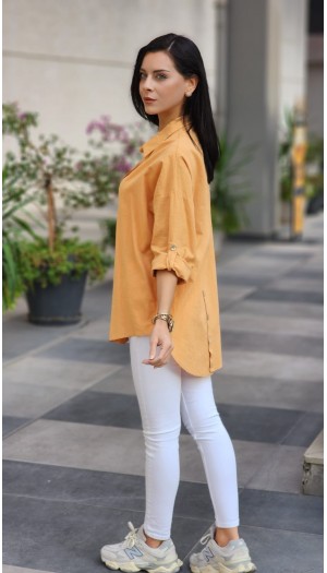 Arkası düğmeli keten gömlek taba rengi