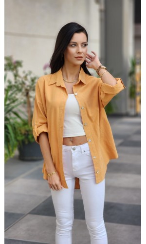 Arkası düğmeli keten gömlek taba rengi