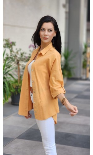 Arkası düğmeli keten gömlek taba rengi